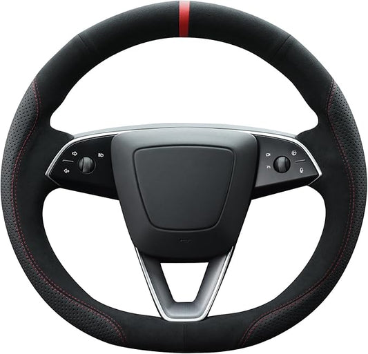 MEWANT Hand Stitched Steering Wheel Cover for 2024 2025 2026 Tesla Model 3 Highland 2025 2026 Model Y Juniper Black Suede Genuine Leather Custom Fit DIY Wrap Interior Accessories