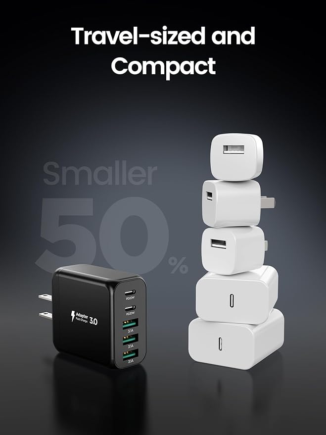 USB C Charger Block,EIZLXQ [2-Pack] Type C Charger Fast Charging,50W 5-Port Usb Wall Charger Multiport Type C Charging Block Cube for iPhone 17/16/15/14/13/12/11 Pro Max XS, iPad, Samsung & More-Black