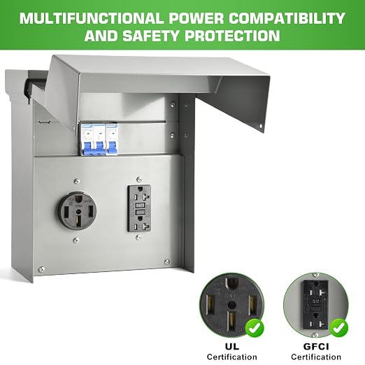 50/20 Amp RV Outlet Box with Breaker, Weatherproof Outdoor Temporary RV Electrical Panel for RV Camper Car Travel Motorhome Construction Site