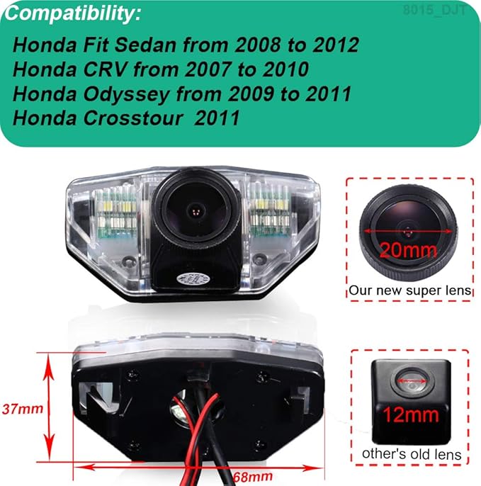 HD 20MM IP68 1280Pixels Auto Vehicle Car Van 170° Wide Angle License Plate Light Rear View Reversing Backup Camera Parking Aids System Compatible with Honda Fit Se dan/CRV/Odyssey/Crosstour