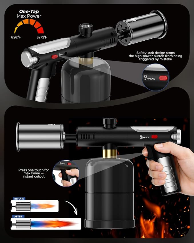 Propane Torch Gun & Weed Burner Torch - Adjustable Flame Thrower Gun with Safety Lock & One-Touch Max Fire, Cooking Blow Torch for Searing, Charcoal Starter, BBQ & Weeding (Tank Not Included)