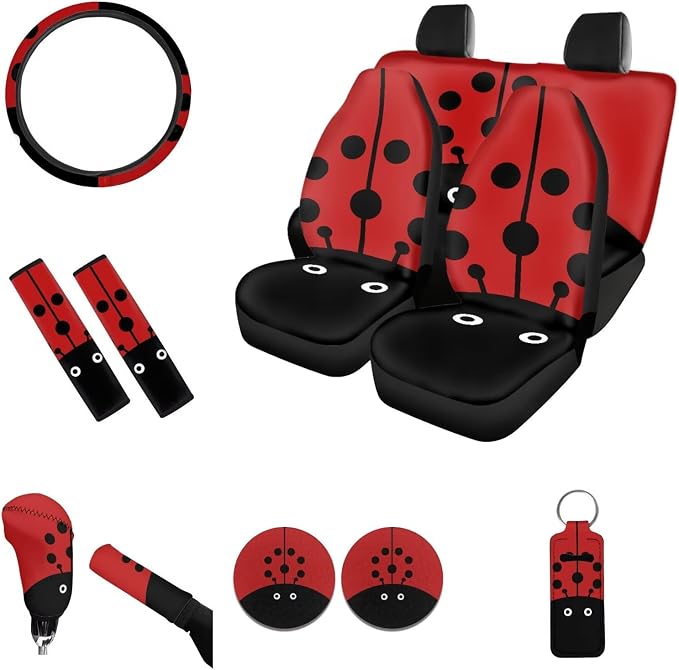 Cartoon Car Seat Covers Full Set for Women Men Steering Wheel Cover Belt Strap Wrap Cover with Cup Holder Coasters Gear Protector Keychains Car Interior Accessories for SUV, Ladybug Red