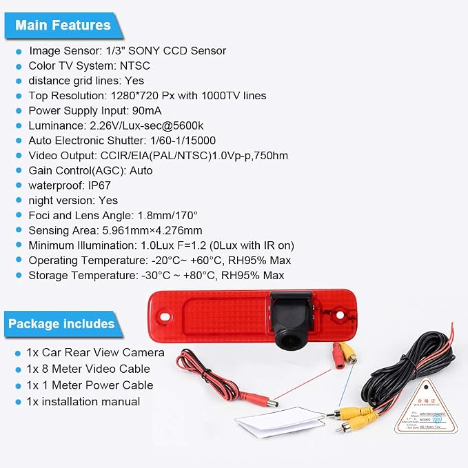 1280 * 720 Pixel Third Roof Brake Lamp Car Backup Camera Replacement for Ford Transit Transporter Van 3 BJ 04.2006-01.2009 Ford Transit MK7 Tourneo Furgon MK4 Van 3. 2006-2014 Reverse Parking Camera
