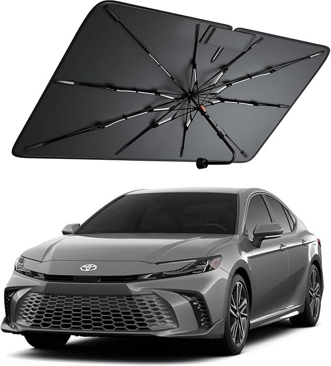 Windshield Sun Shade for Toyota Camry/Corolla Cross 2000–2026, Foldable Umbrella Sunshade with 100% UV Block, Multi-Layer Heat Insulation, Reinforced 10-Rib Frame, Keeps Car Cooler