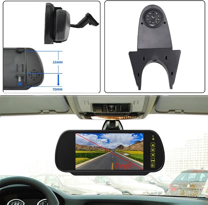 Universal Camera Car Top Mount Rear View Reverse Parking Camera,Replacement for Citroen Berlingo Jumper Jumpy Nemo Dacia Dokker Van Navara HD All RV Models(Black Camera with 7 inch Rear View Mirror)