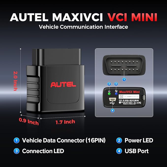 Autel MaxiSys MaxiVCI VCI Mini Bluetooth Diagnostic Interface, 2026 Vehicle Wireless Dongle, Work with Autel Scanner MaxiCOM MK808BT PRO MK808Z-BT MP808BT Pro MK808S-TS MX808S-TS MP808S-TS MK808TS