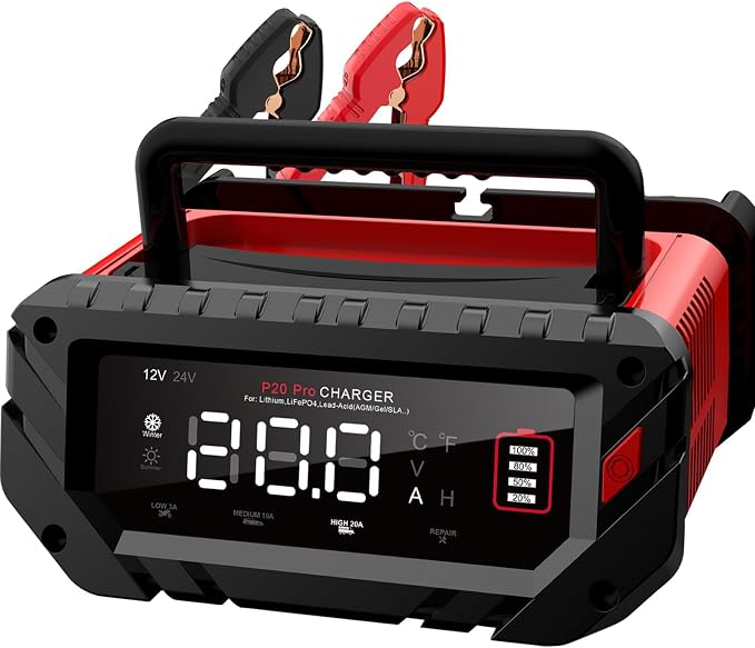 20 Amp Battery Charger 12V/24V Lithium LiFePO4 Lead Acid Fully Automatic Battery Maintainer, Car Battery Trickle Charger w/Overcharge Protection Repair for AGM, Deep Cycle Battery