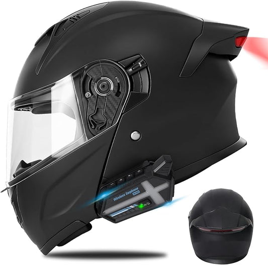 Bluetooth Modular Motorcycle Helmets with Tail Lights, DOT Approved Flip Up Full Face Motorcycle Dual Visor Helmet, with Dual Speakers and Microphone, for Adults Men and Women