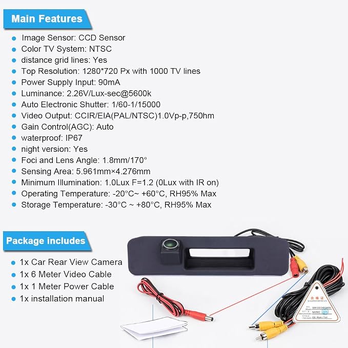 1280 * 720pixel Rear View Camera IP68 Waterproof Car Trunk Handle Backup Camera for Mercedes Benz Vito Kasten Tourer W447 W448 114CDI 119CDI V-Klasse W447 V250 M Klasse W166 (LS8014=214 * 52mm)