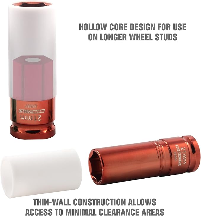 OEMTOOLS 25567 21MM Lug Nut Socket, 21 mm Socket 1/2 Drive for Wheel Service, Non-Marring Sleeve, Thin Wall, CR-MO Steel for Impact Tools, 400 Ft-Lb Max Torque