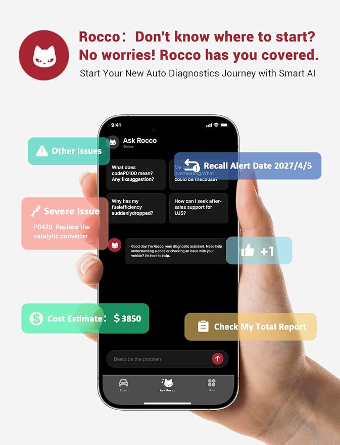 Rocco Pro OBD2 Scanner Bluetooth for iPhone & Android, No Subscription, Full System Car Diagnose with AI Repair Guide, ABS/SRS/Transmission Code Reader, Used Car Inspector, Vehicles 1996+