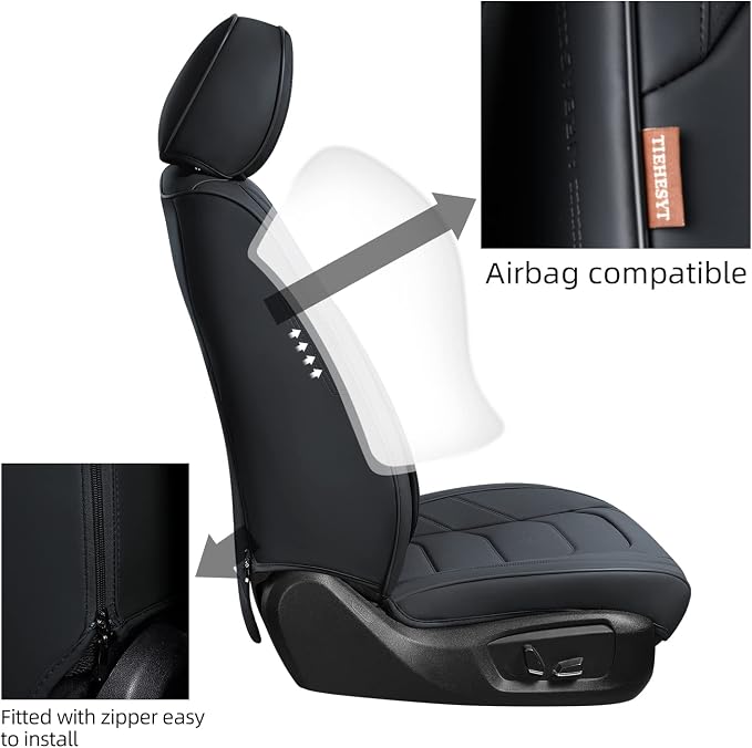 TIEHESYT Black Car Seat Covers Front Pair, Breathable Leather Automotive Front Seat Covers & Headrest for Comfortable Driving, Universal Auto Interior Fit for Most Kinds of Vehicles, SUV, Sedans