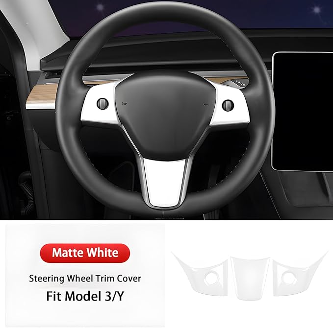 Steering Wheel Trim Cover with Gear Shift Cover for Tesla Model 3 Y Decorative Accessories 5Pcs(Matte White)