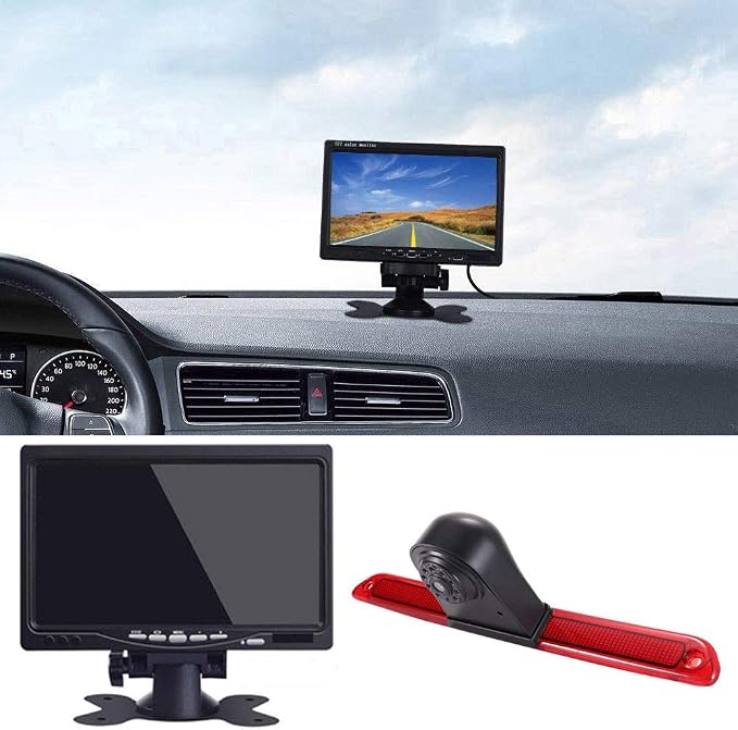 Car Third Roof Top Mount Brake Light 3 Rear View Camera Parking Safety Assistant System, HD Night Vision Waterproof for VW Crafter Caravelle/Van Mercedes Benz Sprinter W906 (with 7-inch Monitor)