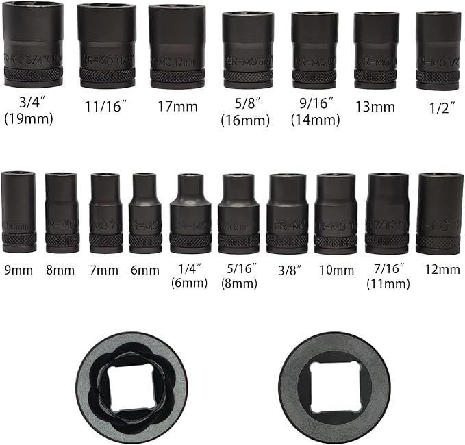 21PCS Twist Lug Nut Socket Set - 3/8 inch Drive Damaged Nut Lock Remover Extractor - Rusted & Strip & Stripped & Stuck Locking Nut Removal Tool Kit