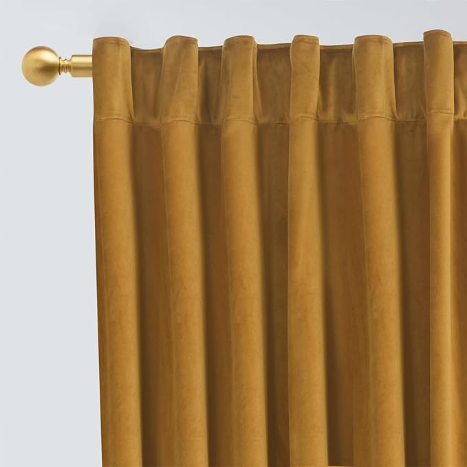 Roslynwood Luxury Soft Mustard Velvet Curtains 96 inches Long Back Tab Thermal Insulated Blackout Window Drapes for Living Room/Bedroom/Dining Room, W52 x L96, 2 Panels