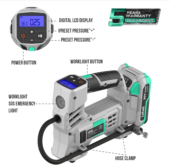 Litheli 20V Air Compressor Tire Inflator, Portable Pump for Car, Bike, Sports Ball, Battery Powered with Digital Pressure Gauge, 3 Nozzle Adapters, 150 PSI, Includes 2.0Ah Battery & Charger