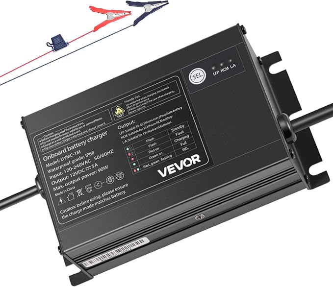 VEVOR Marine Battery Charger, 1-Bank, 5A 12V Onboard Boat Charger, IP68 Waterproof Smart On-Board Battery Charger, for Lithium-Ion (LiFePO4), NCM, Lead-Acid Batteries, Large Boat, Yacht, RV, Trailer
