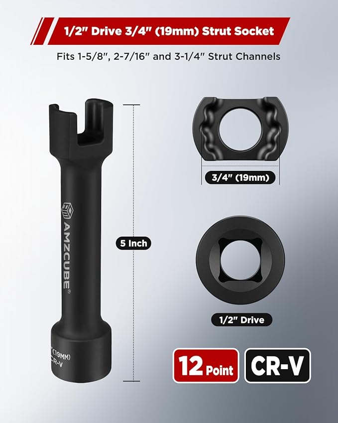1/2" Drive 3/4" (19mm) Socket of Strut Channel, 12-Point 5-inch Cr-V Deep Impact Socket, Anti-Break and Black Phosphate Finish, Fits 1-5/8″, 2-7/16″ & 3-1/4″ Strut Channels