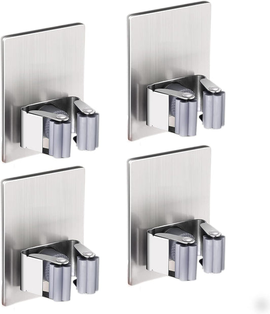 HANZE 4 Pack Stainless Steel Mop Broom Holder Organizer, Self Adhesive Wall Mounted Mop Organizer Storage Rack Clip for Kitchen Bathroom and Garage (Rectangle, Large)