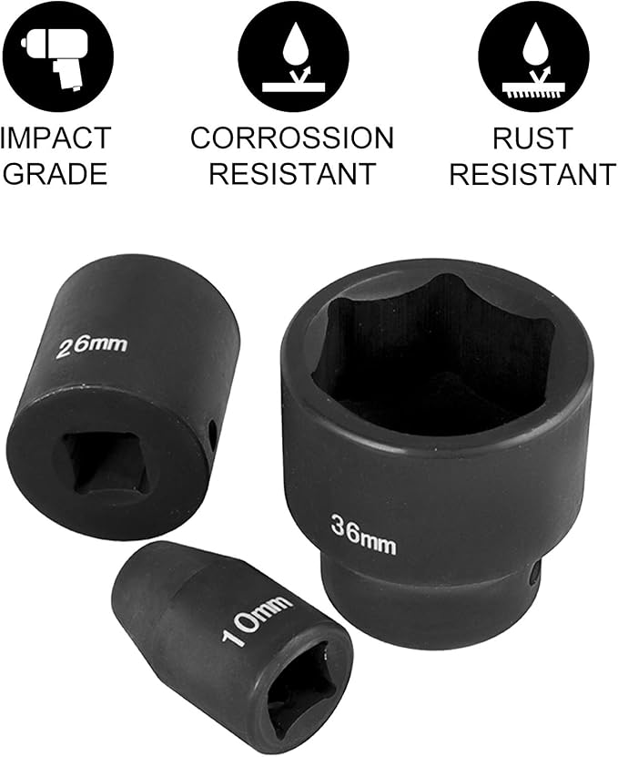 VEVOR 1/2 Inches 26 Piece Impact Sockets, Shallow Socket, 6-Point Sockets, Rugged Construction, CR-M0, 1/2 Inches Drive Socket Set Impact Metric 10mm - 36mm, with a Storage Case