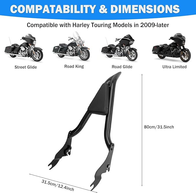 Detachable Sissy Bar, 30“ Chrome Quick Release Passenger Backrest Compatible with 2009-2024 Harley Davidson Touring Street Glide Road King Electra Glide Ultra Limited