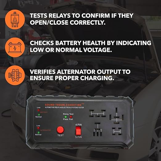 12V Automotive Relay Tester, Car Battery & Alternator Test Kit | Relay Switch & Circuit Inspector | Tests 4 & 5 Pin Relays | Battery Tester | Alternator Tester | Sound Troubleshooting | Patented