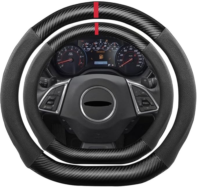 D Shape Suede Carbon Fiber Steering Wheel Cover, Compatible with Cadillac Escalade 15 inch Flat Bottom Soft Touch Leather Sport Non-Slip Automotive Interior Accessories