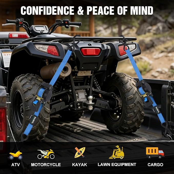 Retractable Ratchet Straps (4-Pack) - 1 Inch x 10 Feet (1,764lb Break Strength) - Auto Self Retracting Tie Down Straps Heavy Duty for Motorcycle, ATV, UTV, Truck, Cargo Trailer – Blue