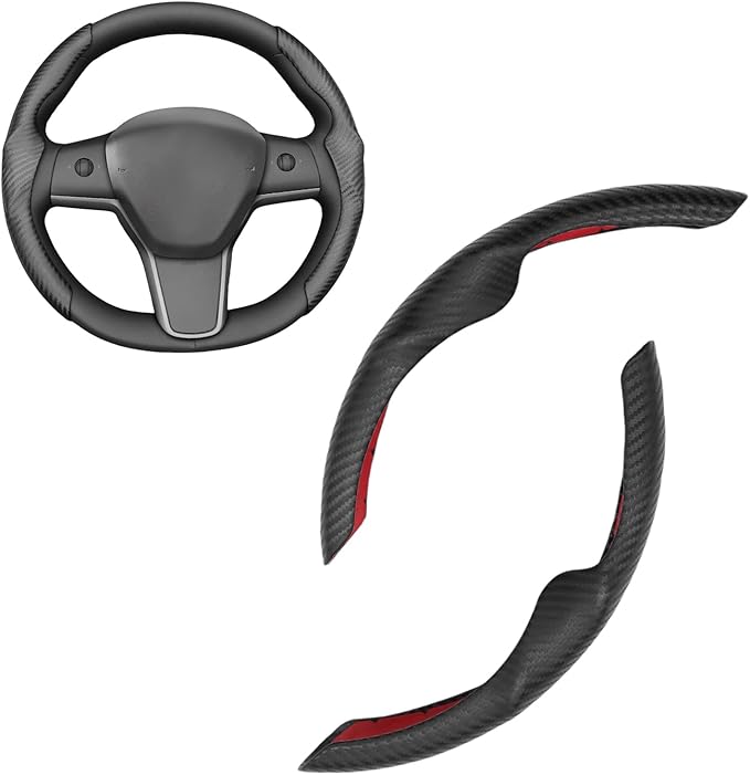 Mewant Custom-Fit Steering Wheel Cover for Tesla, Telsa Model 3 / Y Carbon Fiber Segmented Steering Wheel Cover for Men/Women, Anti-Slip, Comfortable, Model 3 / Y Accessories (Black)