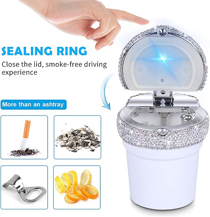 eing Car Ashtray Portable Bling Cigarette Smokeless Cylinder Cup Holder with Blue LED Light Indicator,Car Accessories for Women,Ideal for Car,Home and Office,2 - Pack White