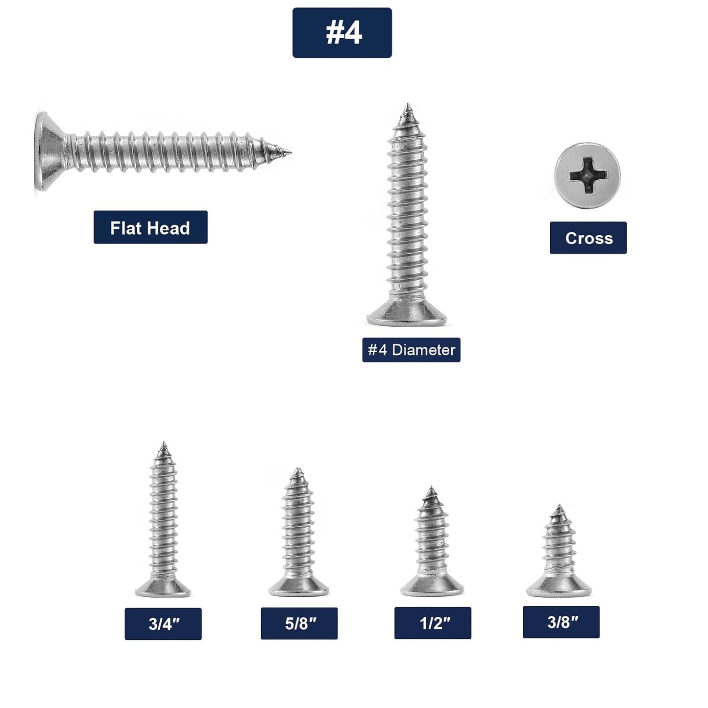 #4 x 1/2" Wood Screw 100Pcs 18-8 (304) Stainless Steel Screws Flat Head Phillips Fast Self Tapping Drywall Screws by SG TZH
