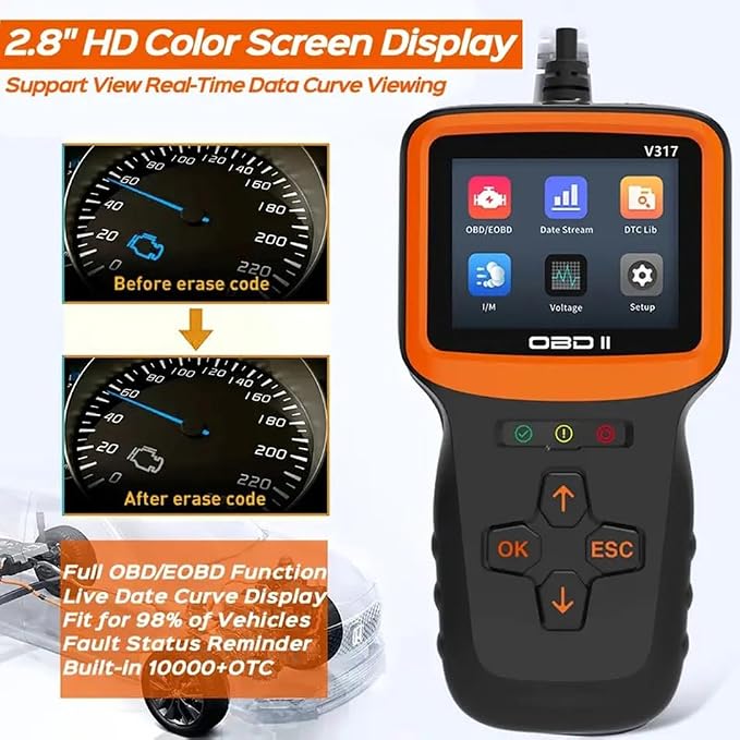 Outzone V317 OBD2 Scanner with 2.8" Color Screen, 8 Language Car Code Reader for All Gasoline Cars Since 1996, Read & Clear Check Engine Light, Supports I/M Readiness & Mode 8 Test