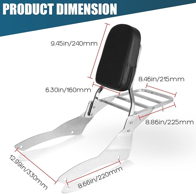 Chrome Passenger Backrest Sissy Bar with Luggage Rack Compatible With For Yamaha Vstar 400 650 Dragstar 400 650 Classic 1998-2018 Detachable Sissy Bar Backrest