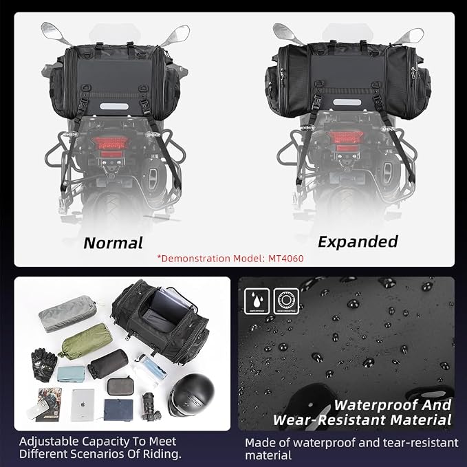 Rhinowalk Motorcycle Saddle Bag Motorbike Tail Bag Waterproof Expandable Pannier Bag Powersports Travel Luggage 33-45L (Black)