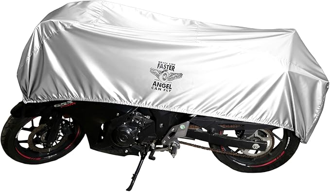 Dream Apparel Motorcycle Half Cover, Waterproof Motorcycle Cover for Outdoor, Rain Snow Dust Protection Universal Fit Heavy Duty Motorbike Vehicle Cover with Storage Bag, Silver with Wing Wheel L