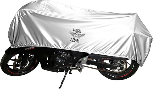 Dream Apparel Motorcycle Half Cover, Waterproof Motorcycle Cover for Outdoor, Rain Snow Dust Protection Universal Fit Heavy Duty Motorbike Vehicle Cover with Storage Bag, Silver with Wing Wheel XL