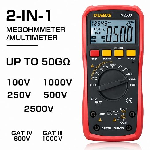 2500V Megohmmeter & True RMS Multimeter for HVAC, Motors, Compressors & Industrial Electrical Testing, Auto-Ranging Insulation Tester up to 50GΩ,IM2500