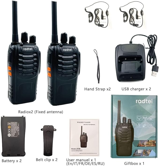 Radtel RT88 Rechargeable Walkie Talkies Long Range Handheld License-Free Two Way Radio 16CH Handsfree USB Charging LED Flashlight (4 Pack)