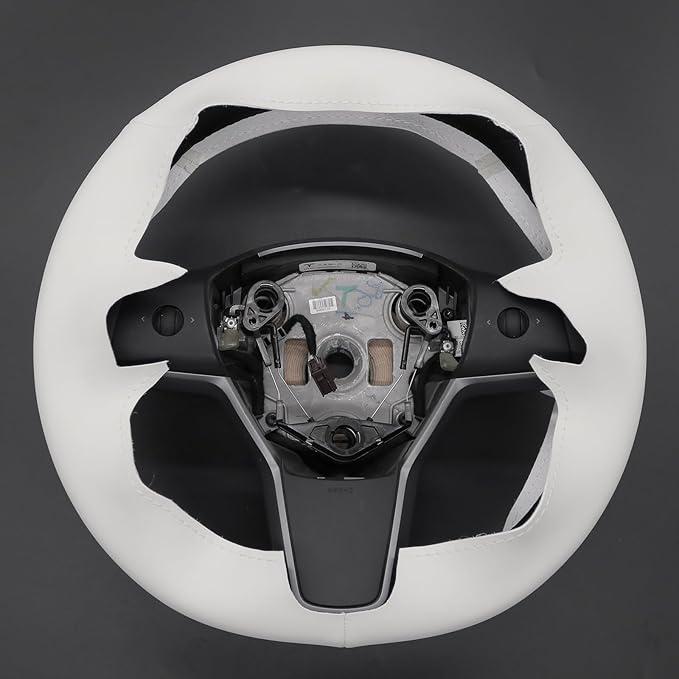 MEWANT Stitching White Faux Leather Steering Wheel Cover for Tesla Model Y Model 3 DIY Steering Wheel Wrap Accessory