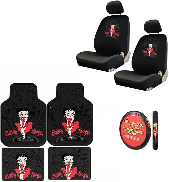 Plasticolor A 7 Piece Betty Boop Gift Set: 2 Lowback Seat Covers, 2 Front Floor Mats, 2 Rear Floor Mats, and 1 Steering Wheel Cover. - Betty Boop