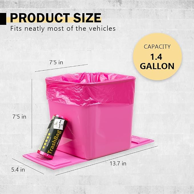 Pink Car Trash Can Plus Trash Bag Bundle – Leakproof, w/Stability Flap, Anti-Slip Base, Portable – Includes 1 Roll Inside + 3 Extra Roll (80pcs) – Black, Large – for Cars, SUV, & Trucks