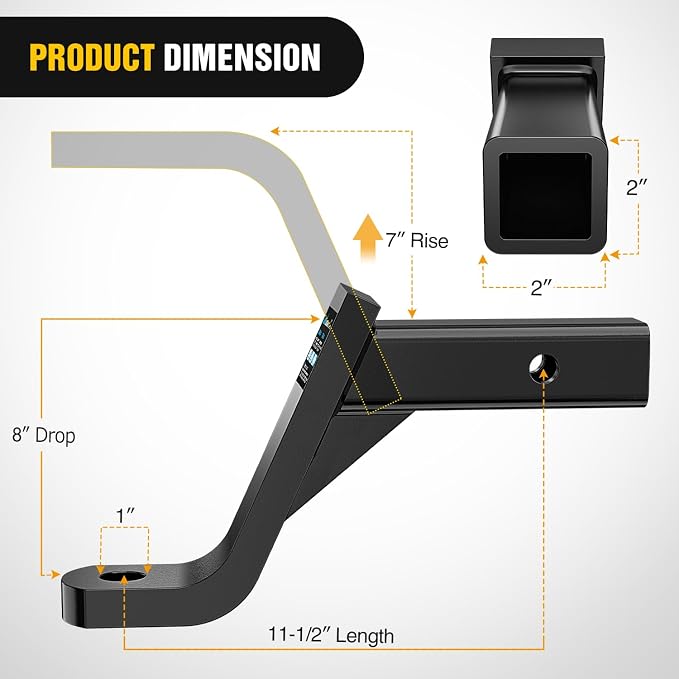 Nilight Trailer Hitch Ball Mount fits 2" Receiver, 8" Drop & 7" Rise Hitch, 1" Ball Hole with 5/8" Hitch Pin, 7500 lbs GTW Heavy Duty Ball Hitch