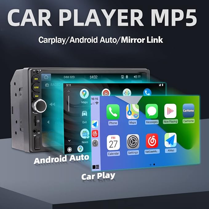 7'' Double Din Car Stereo Build-in Apple Carplay,Bluetooth 5.1 Hand-Free Calling,Touchscreen Car Radio FM,GPS Navigation,Night Vison Backup Camera,USB/TF/Subwoorf/240 watts