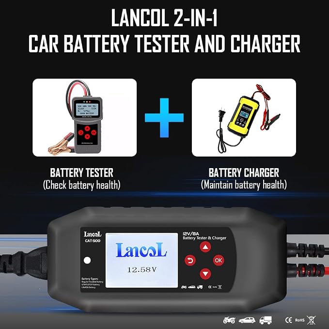 CAT-500 12V Car Battery Tester & Charger, 2-in-1 8-Step Smart Battery Charger with Cranking & Charging System Test, 100-3000 CCA Battery Load Tester