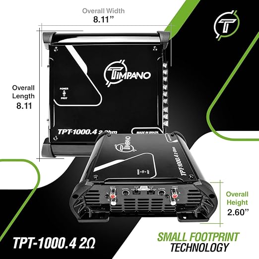 Timpano TPT-1000.4 Compact 4 Channel Car Audio Amplifier – 4 x 260 Watts at 2 Ohms – High Power Stereo 12 Volts Full Range Class D Amp Bridgeable