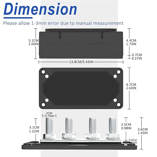 Heavy Duty Bus Bar 300A 12V Power Distribution Block with 3/8" (M10) 4-Posts Terminals Block with Cover for Automotive, Marine, Battery System (Black)