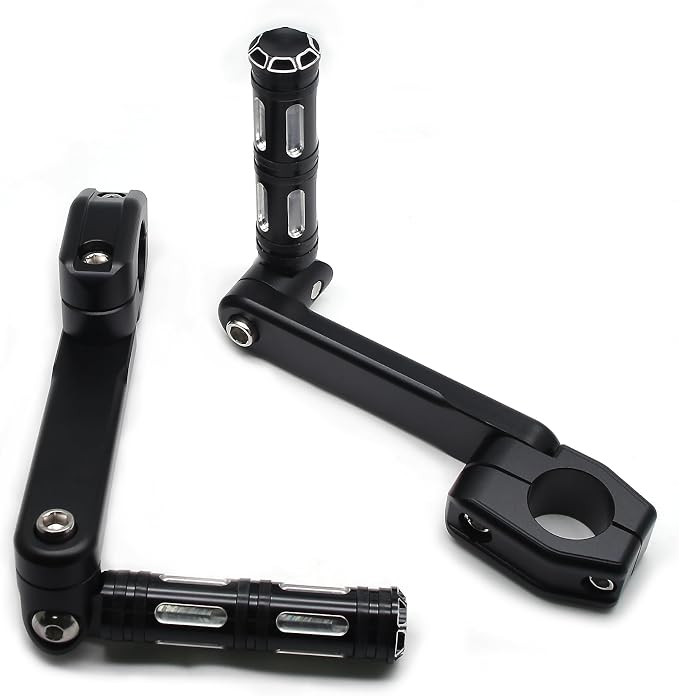 MZS Motorcycle Highway Pegs, 1.25" CNC Highway Foot Pegs Adjustable Long Angled Mount Clamps Compatible with Road King Sportster Softail Street Electra Glide Dyna Rebel Shadow for 1 1/4 Crash Bar