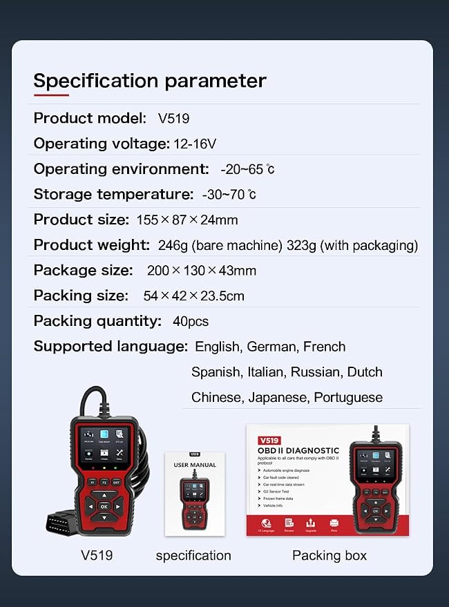 Outzone V519 OBD2 Scanner, Universal Car Code Reader with 2.8" Color Screen, 10 Languages & Print Function for All OBDII Vehicles – Check Engine Light & Live Data
