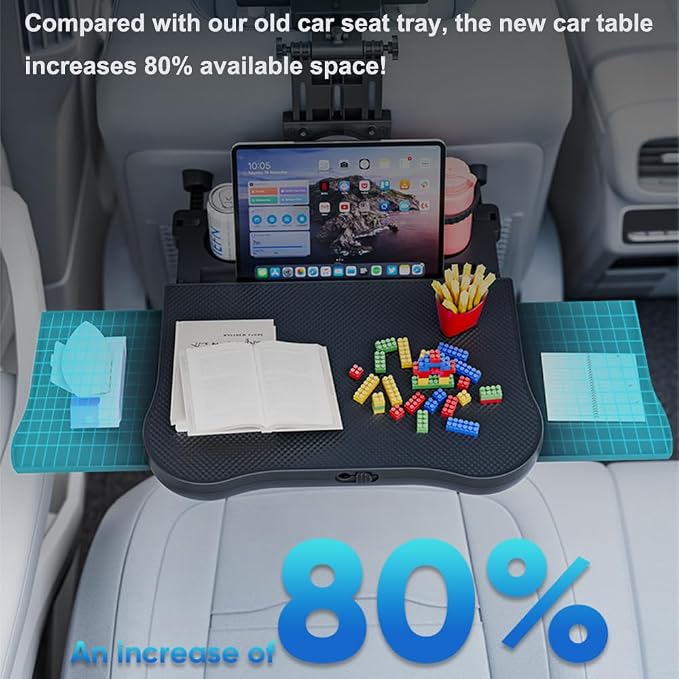 Car Back Seat Tray with Extendable Table, Car Travel Desk for Laptop with Phone Holder, Foldable Trays for Eating & Working, Car Travel Tray Table for Rear Passenger